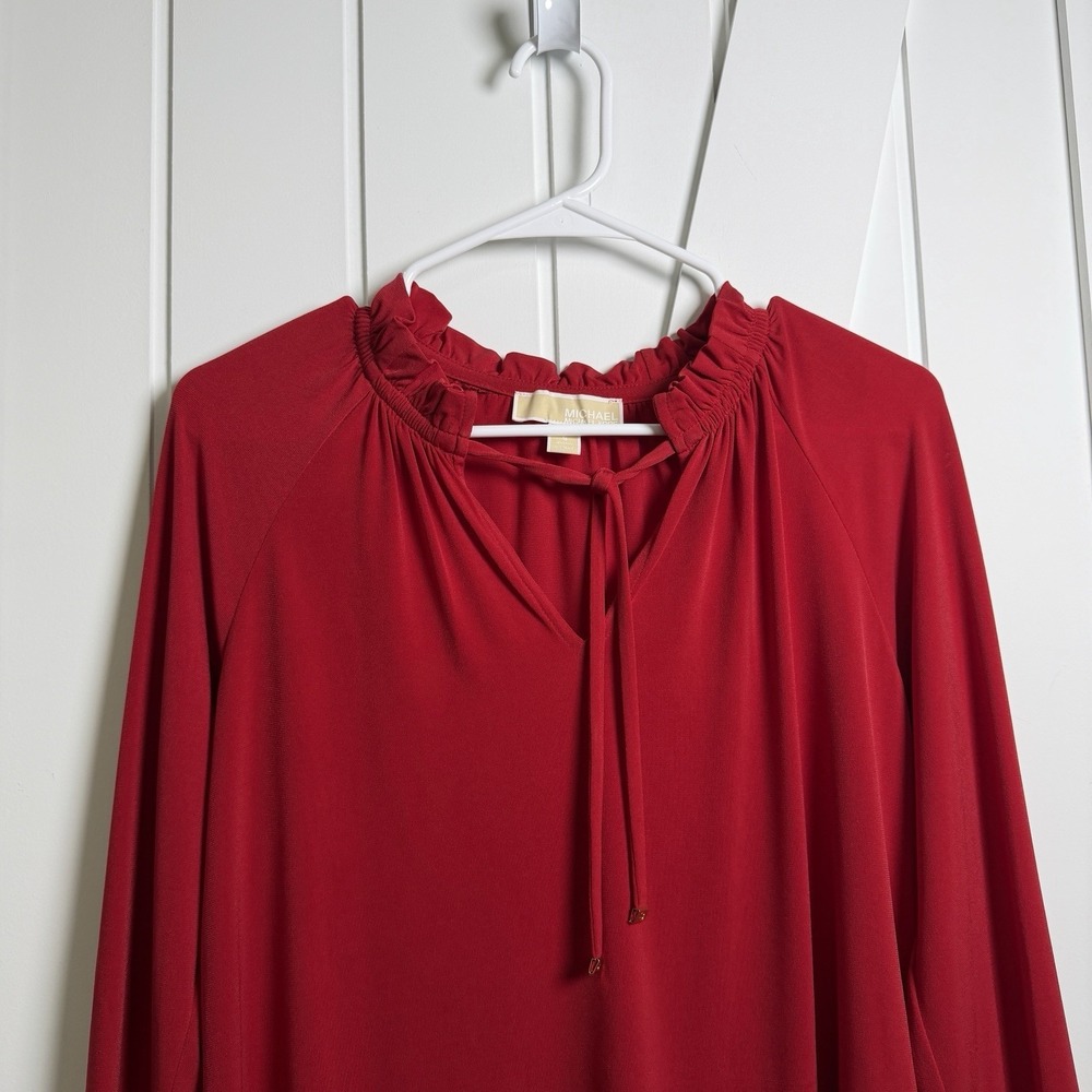 Michael Kors Red Blouse Size Small Ruffle V Neck Long Sleeve Romantic Classic - Picture 2 of 8